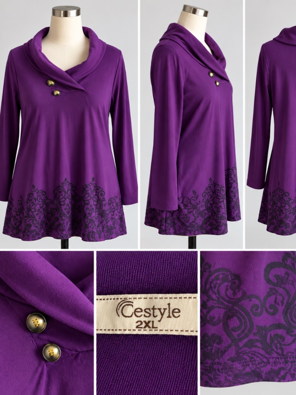 Purple Asymmetric Button Shawl Collar Swing Tunic